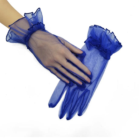 1 Pair Women's Lace Full Finger Gloves Fashion Short Tulle Elastic Etiquette Lotus Leaf Shears for Stylish Hand Protection