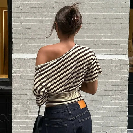 2026 New Autumn Women Vintage Striped Off Shoulder T-shirt Waist Cinching Slim Fit Daily Wear Ladies Tops