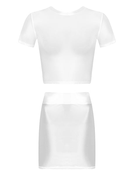 Womens Glossy Two-piece Outfit Oil Shiny Smooth High Waist Mini Skirt with Tank Top Nightclub Rave Outfit Pole Dancing Clubwear