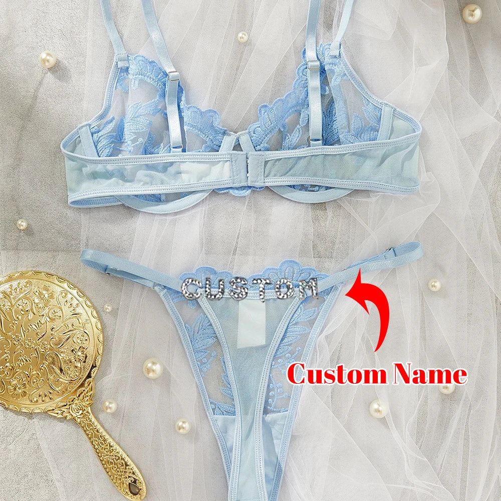 Personalized Thong with Name Embroidery Floral 2pc ingerie Set Custom Your Name Thong Sheer Bra Brief Underwear Anniversary Gift