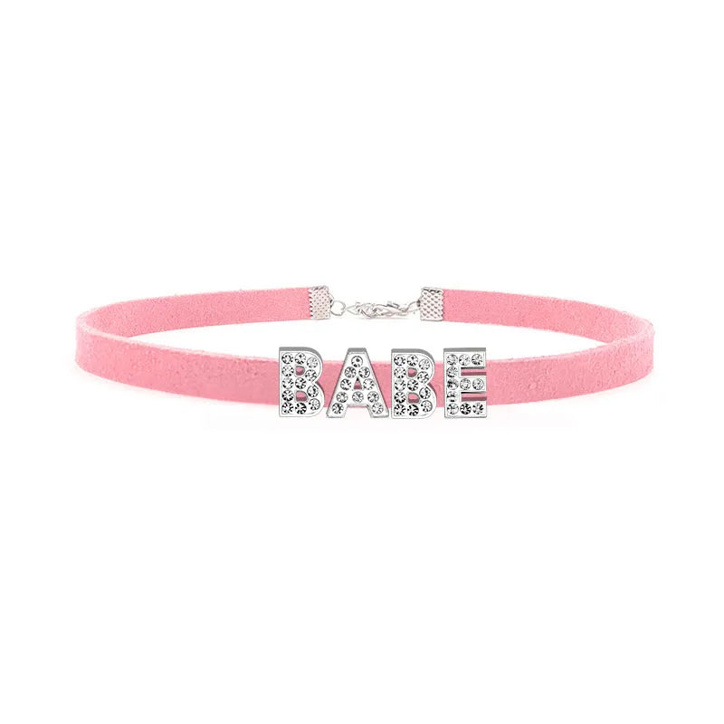 Sexy Rhinestone Letters Hotwife Collar Choker for Women Men DIY Customized Necklaces Pink Suede Leather Cosplay Jewelry Gift