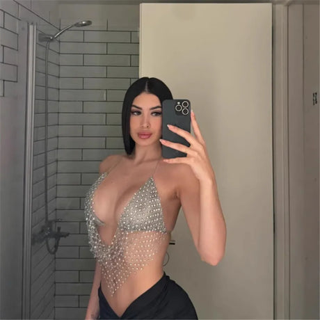 Rhinestone Lingerie Tops ladies Sleeveless Shining glitter Backless Spaghetti Strap Halter Bra Tanks Tops for women