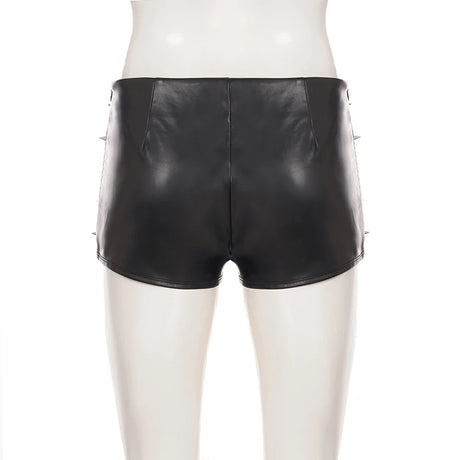Women Low Waist Faux Leather Mini Shorts Spike Studded Decor Slim Fit Solid Black Punk Gothic Clubwear Y2K Streetwear Bottoms