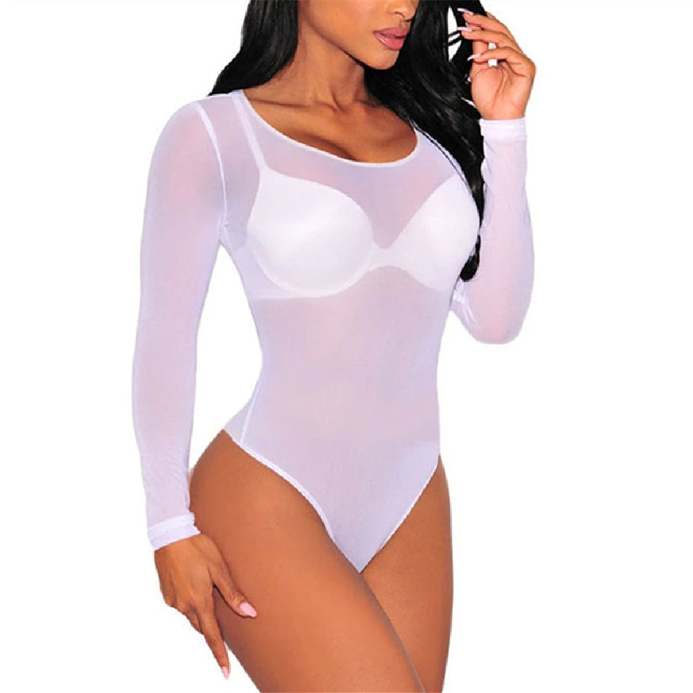 Sexy Women T Shirt See Through Mesh Black Long Sleeve Bodysuit Sheer Slim Turtleneck Tulle Crop Top T-Shirt Transparent Clubwear