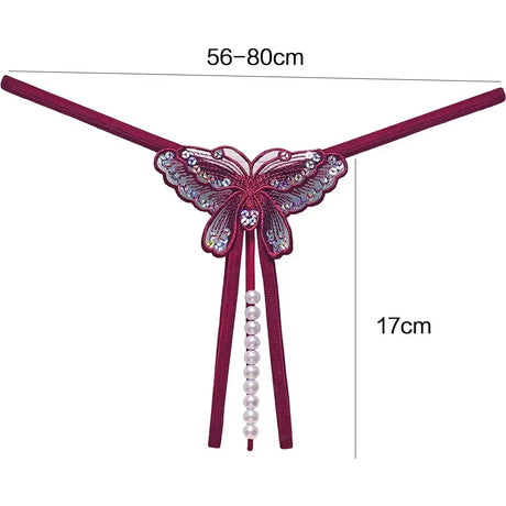 Butterfly Embroidery Pearl Thong Women Sexy Lace Panties Open Crotch G-String Female Lingerie Massage Pearl Underwear T-Back