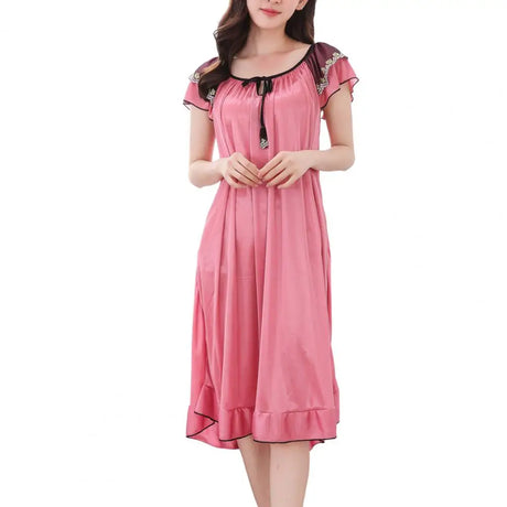 Satin Pajama Dress Women Lounge O-Neck Lace-up Short Sleeve Thin Sleeping Dress Ruffle Hem Summer Nightdress