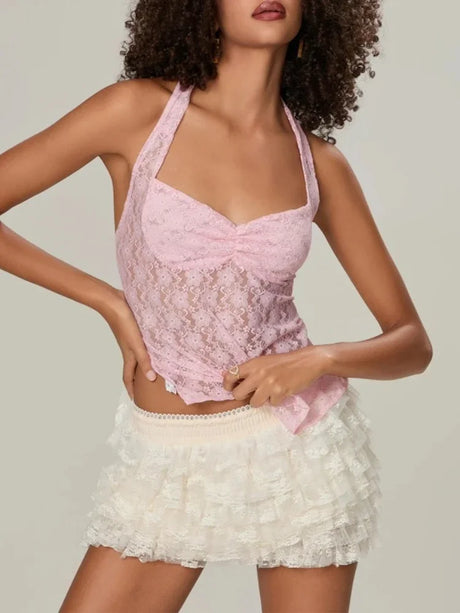 Y2K Women Lace Halter Neck Tank Tops Sleeveless Backless Tie-Up Camisole Summer Crop Tops Going Out Streetwear Party Tops