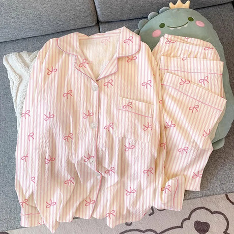 CHUANGERM New Sweet Girl Womens Students Casual Long‑Sleeved Wrinkled Cloth Pajamas Homewear Set For Spring And Fall