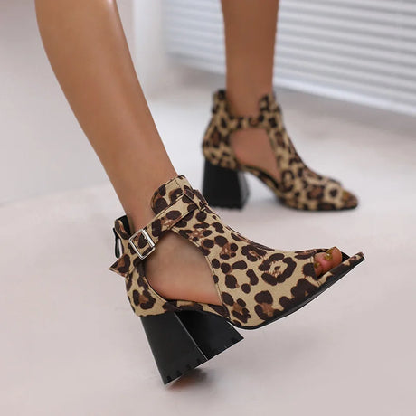 Summer Women's Fashion Peep Toe Thick Heel Sandals High-heeled Shoes for Woman Denim Leopard Print Sandalias de Mujer WSH5343