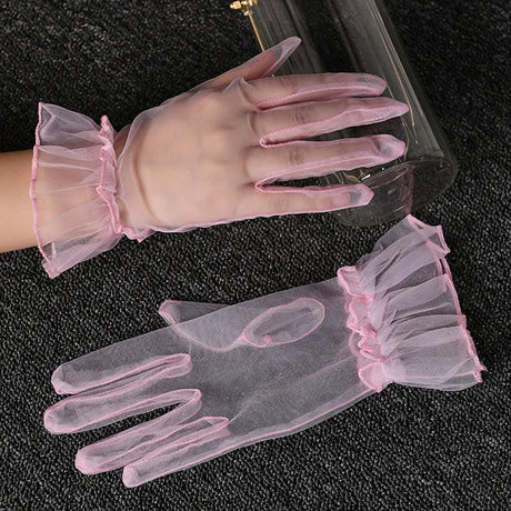 1 Pair Women's Lace Full Finger Gloves Fashion Short Tulle Elastic Etiquette Lotus Leaf Shears for Stylish Hand Protection