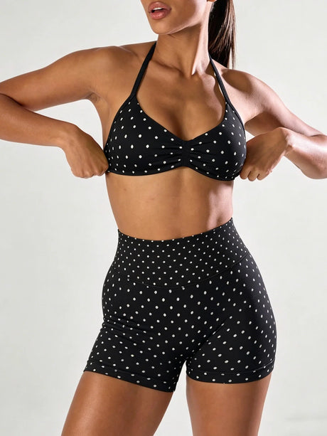 Polka Dot Yoga Set Halter Sports Bra High Waist Booty Shorts Push Up Gym Outfit for Running Fitness