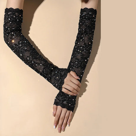 Sexy Elastic Mesh Gloves With Colored Flash Diamonds Bungee Stage Performance Hollow Fishing Net Punk Hiphop Women's Gloves R51