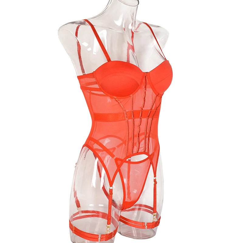 MUZISKAT Mesh Lingerie Luxury Brand Bodysuit Backless Tops for Women 3 Piece Lingerie Set with Garter Sexydresses for Women