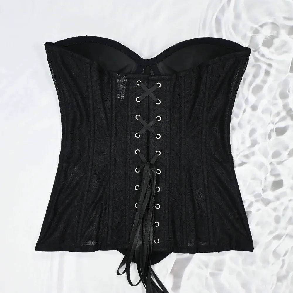 Women Mesh Corset Busiter Overbust Cups Push Breast Floral Lace Bodice Sext Tansparent Strapless Crop Tops Lace Up Steel Boned