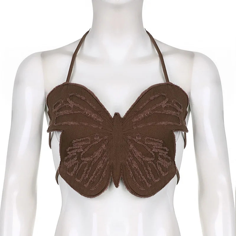 Hot Butterfly Jeans Crop Top Backless Strap Camis Sexy Lingerie Bow Bra Women Beach Mini Vest Butterfly Tank Tops Party Clubwear