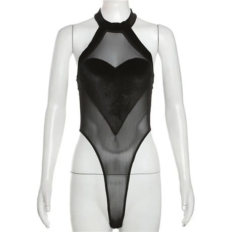 Flocking Heart Sexy Bodysuit Lingerie See Through Mesh One-pieces Body Feminino Sleeveless Bustier Black Tops Women Neck-mounted
