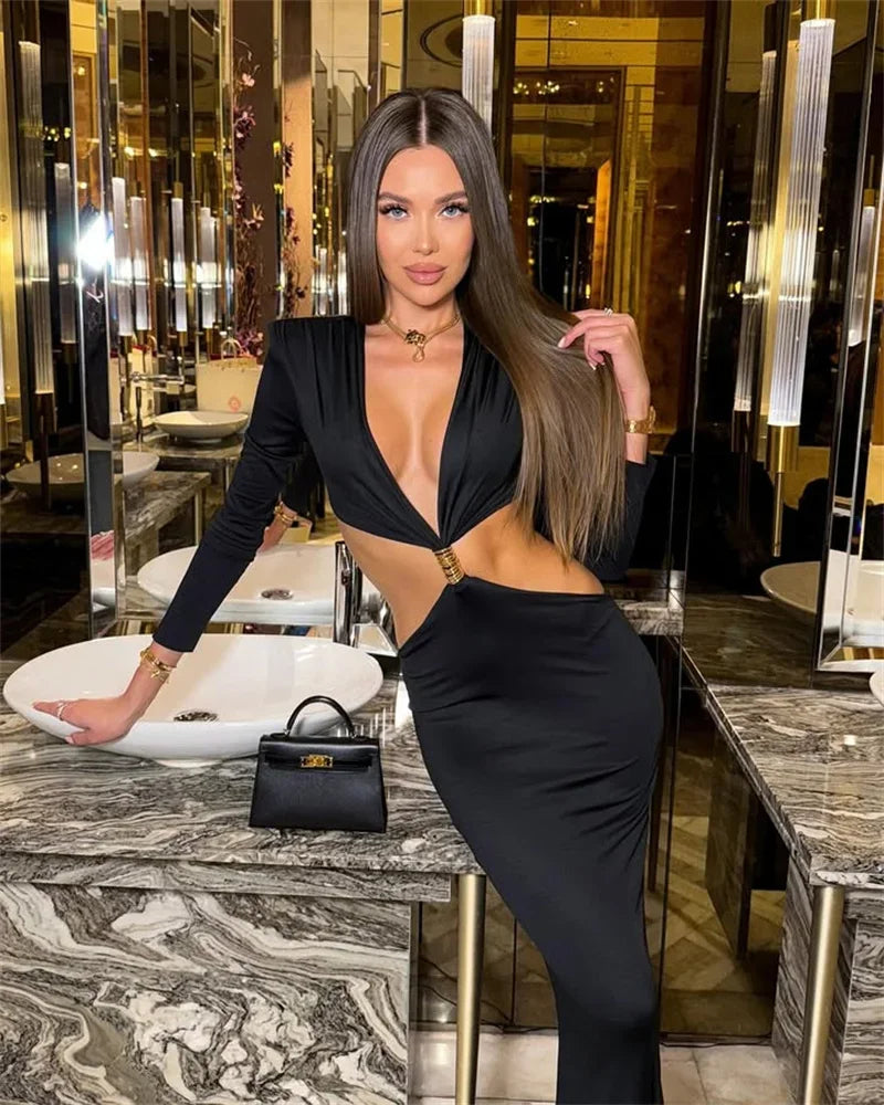 Deep V Neck Long Sleeve Sexy Maxi Dress Women Gown Autumn Fashion Hollow Out Backless High Waist Club Party Long Dress