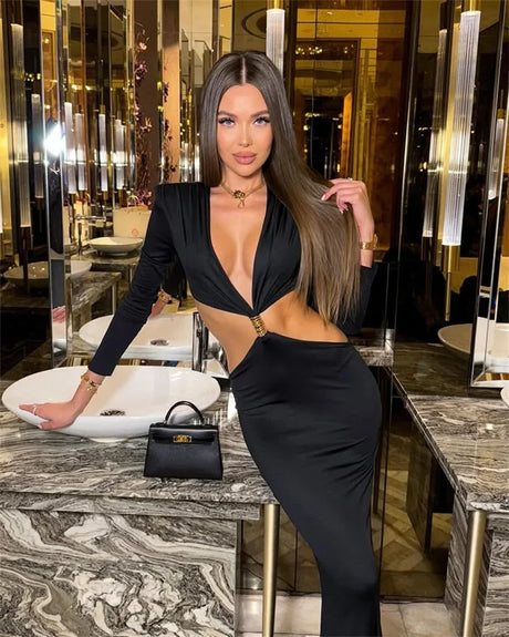 Deep V Neck Long Sleeve Sexy Maxi Dress Women Gown Autumn Fashion Hollow Out Backless High Waist Club Party Long Dress