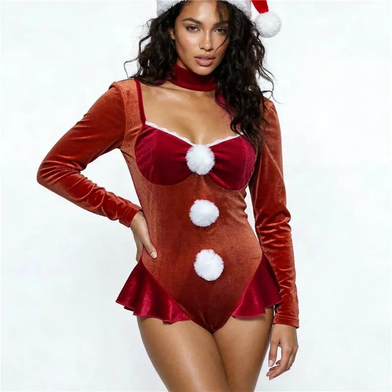 Women Christmas Velvet Bodysuit Long Sleeve Backless Ruffle Hem Jumpsuit With White Pom Poms Xmas Holiday Party Cosplay Costume