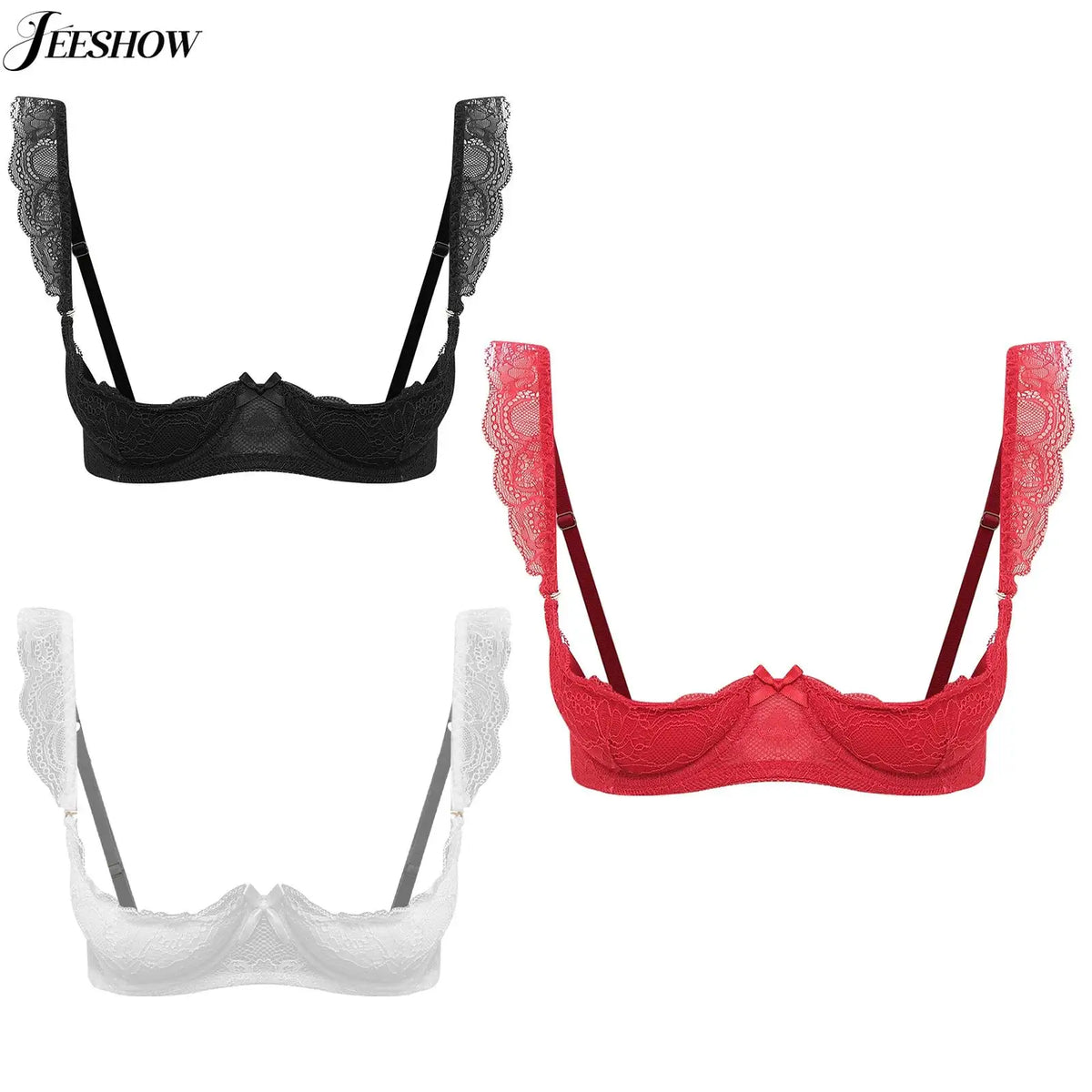 Womens Floral Lace 1/4 Cup Bra Removable 2cm Thick Pads Underwired Balconette Bra Ruffled Spaghetti Straps Brassiere Lingerie
