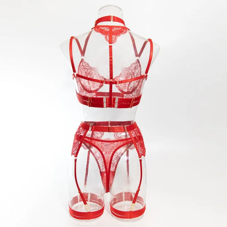 Sexy Lace Lingerie Set With Garter Belt Eyelash Underwire Bra Nude Illusion Strappy Sensual Costume Exotic Underwear Party Club