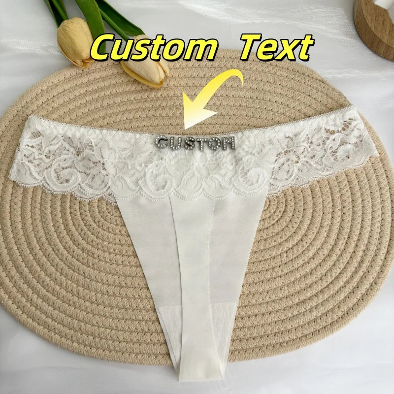 Personalized Custom Thong Name Crystal Letter G-String Low Waisted Lace Thong Ice Silk Bikini Panties Hot Wife Girlfriend Gift