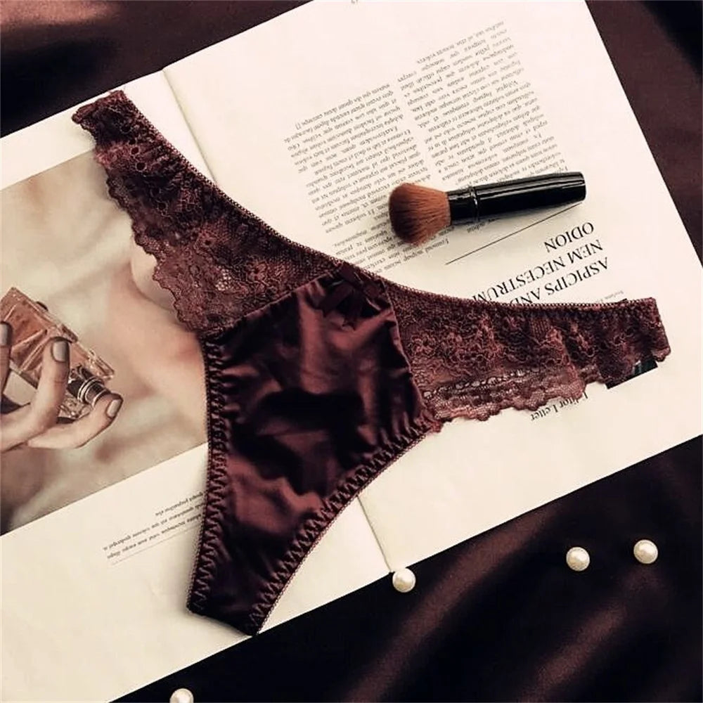Hollow Lace Sexy Glossy Satin Silk Smooth Thong Women Sexy Low Waist G-string Underwear Bow Seamless Lingerie