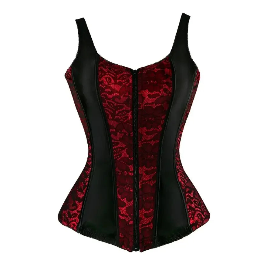 Gothic Corset Top With Straps Sexy Floral Zipper Brocade Overbust Lingerie Burlesque Body Shaper Lace Up Bustier Plus Size