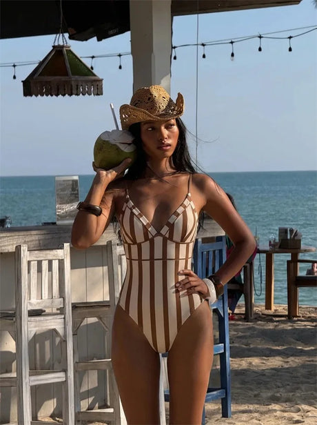 Sexy Stripe One-Piece Swimsuit Women's Beach Vacation Thermal Bath Towel Included Two-Piece Set Slimming Cover up