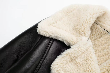 HH Women Faux Leather Thicken Short Jacket Vintage Front Zipper Lapel Long Sleeve Coat Winter Women Warm Casual Outerwear