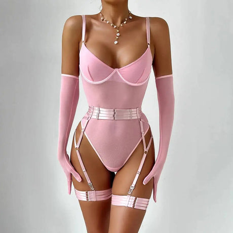 Sexy One Piece Bodysuit Glove Bandage Perspective Mesh Tight Fitting Slim Fit High Strecth Women Rompers Polychrome Fashion RAE3