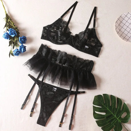 Toucheart 3 Piece Set Lingerie Garter Sets Lingerie For Woman Sexy Mini Skirt See-Through Embroidered Bra Erotic Underwear New