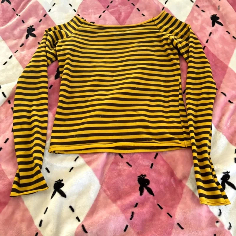 Womens Fall Basic Crop Tops Long Sleeve Off Shoulder Striped Print Slim Fit T-shirts