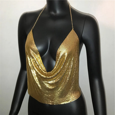 Sexy Metal Sequins Tank Top For Women 2025 Summer V Neck Backless Crop Tops Luxury Solid Short Party Nightclub Tank Tops