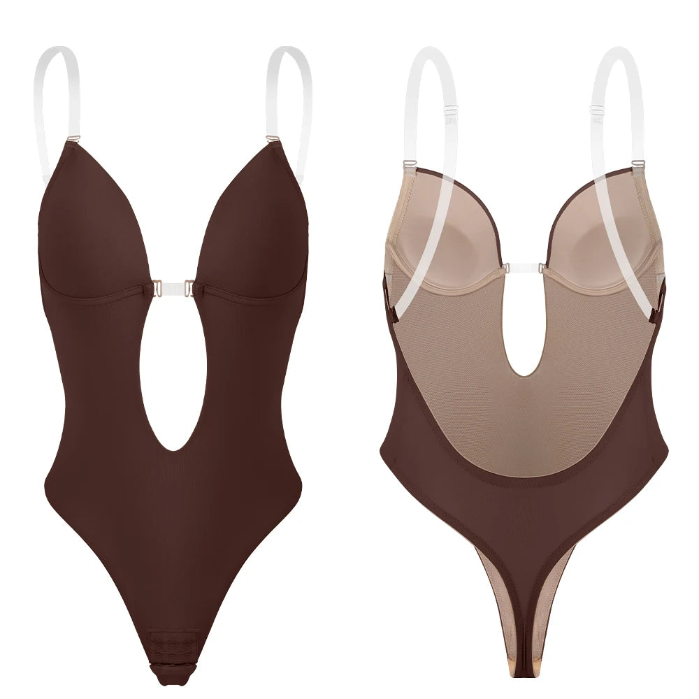 Backless Bodysuit Shapewear for Women Built-in Bra Multiple straps Thongs Body Shaper U Plunge Seam-free Faja with Open Crotch