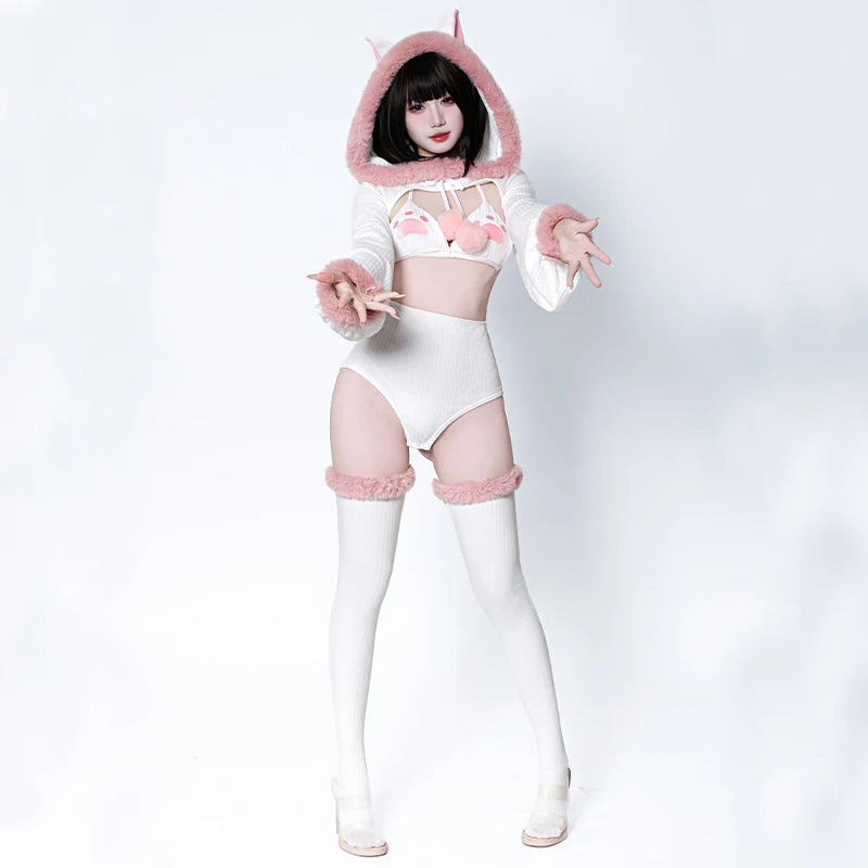 SENMHS Original Japanese Sweet Lolita Cat Girl Cosplay Set Women Kawaii Cat Paw Bikini with Hooded Bodysuit Photo Shoot Hallowee