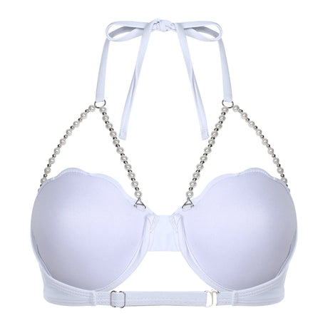 Women Shiny Bikini Bra Top Halter Neck Sheel Mermaid Swimwear Bead Chains Padded Bra Swim Tops Hawaii Beach Party Bathing Suit