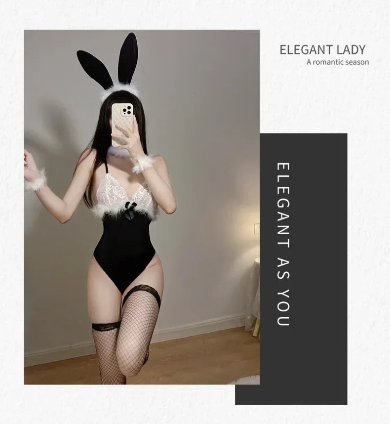 Bunny Girl Woman Cosplay Halloween Maid Suit Lace Transparent Sexy Bodysuit Women's Underwear Bunny Girl Set Role Play Costume