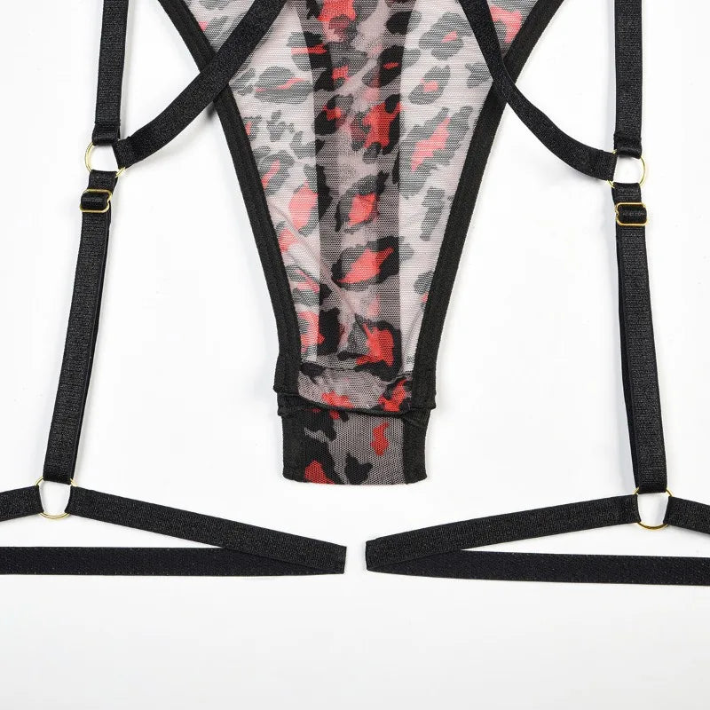 Leopard Print Strappy Bodysuit Blue Caged Harness Lingerie Sexy Mesh Sheer Teddy Underwire Erotic Lenceria Mujer
