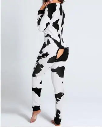 Sexy Pyjama Women's Long Sleeves Homewear Suit Button-Down Front Back Butt Bum Open Ass Flap Jumpsuit Loungewear Christmas Print