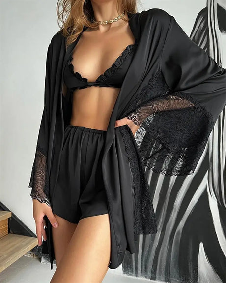 Pajama Sets Patchwork Lace Robe Sets With Bra Satin Sexy Underwear Set Woman 3 Pieces Sleepwear Sets Bathrobes 2023 Nightwear