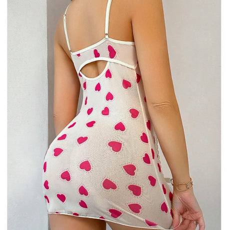 Pajamas Heart Print Lace Patchwork Camisole Dress Sexy Pure Desire Erotic Slim Fit Short Dress Bowknot Deep V Sleeveless Dress