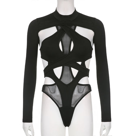 Women Bodysuits Long Sleeve High Neck Cut Out Leotard Body Top Y2K Gothic Club Shirts Summer Fall Streetwear