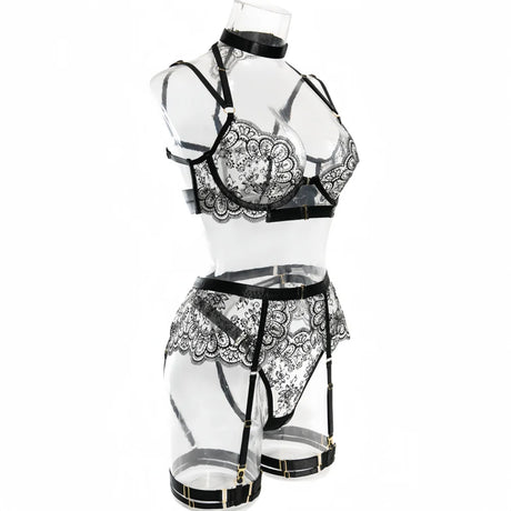 Krasapt Black Lace Embroidered Metal Buckle Sexy Lingerie Set Front Open See-through Lingerie 5Pcs Set Fancy Exotic Intimate Set
