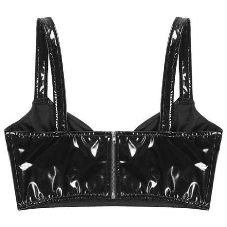 Womens Lingerie Fashion Wetlook Faux Leather Bra Sexy Wire-free No Pad Bra Top Brassiere Raves Pole Dances Costume Clubwear