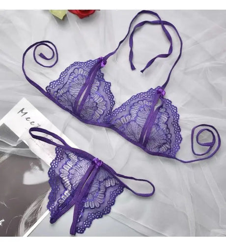 New Style Erotic Three-point Lingerie Set Women's Lace Hollowed Out Non Adjustable Underwear Sexy Crotchless Low Waist G-string