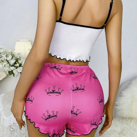 Summer Women's Milk Silk Printed Crown & Flamingo Shorts Tank Top Two-Piece Set Casual Loungewear Homewear Sleepwear