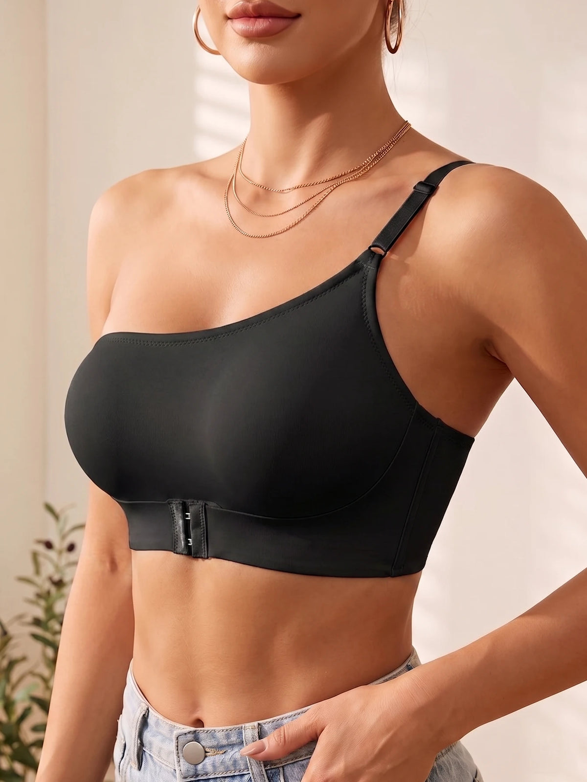 Summer Solid One Shoulder Wireless Women Bra Bralette Front-Clasp Push up Bra Comfort Unpadded Off Shoulder Bras
