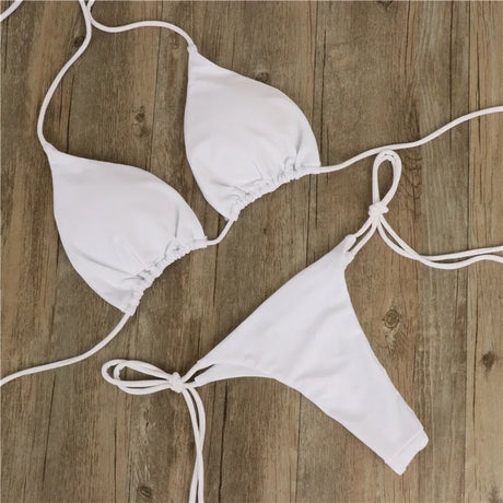 Solid Red String Bikini Set Halter Neck Triangle Top Side Tie Thong Bottom Women Summer Beach Swimwear