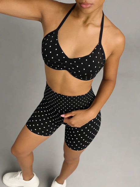 Polka Dot Yoga Set Halter Sports Bra High Waist Booty Shorts Push Up Gym Outfit for Running Fitness